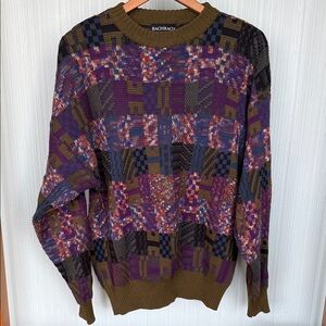 Vintage 80s 90s Bachrach Geometric Patchwork Colorblock Knit Crewneck Sweater